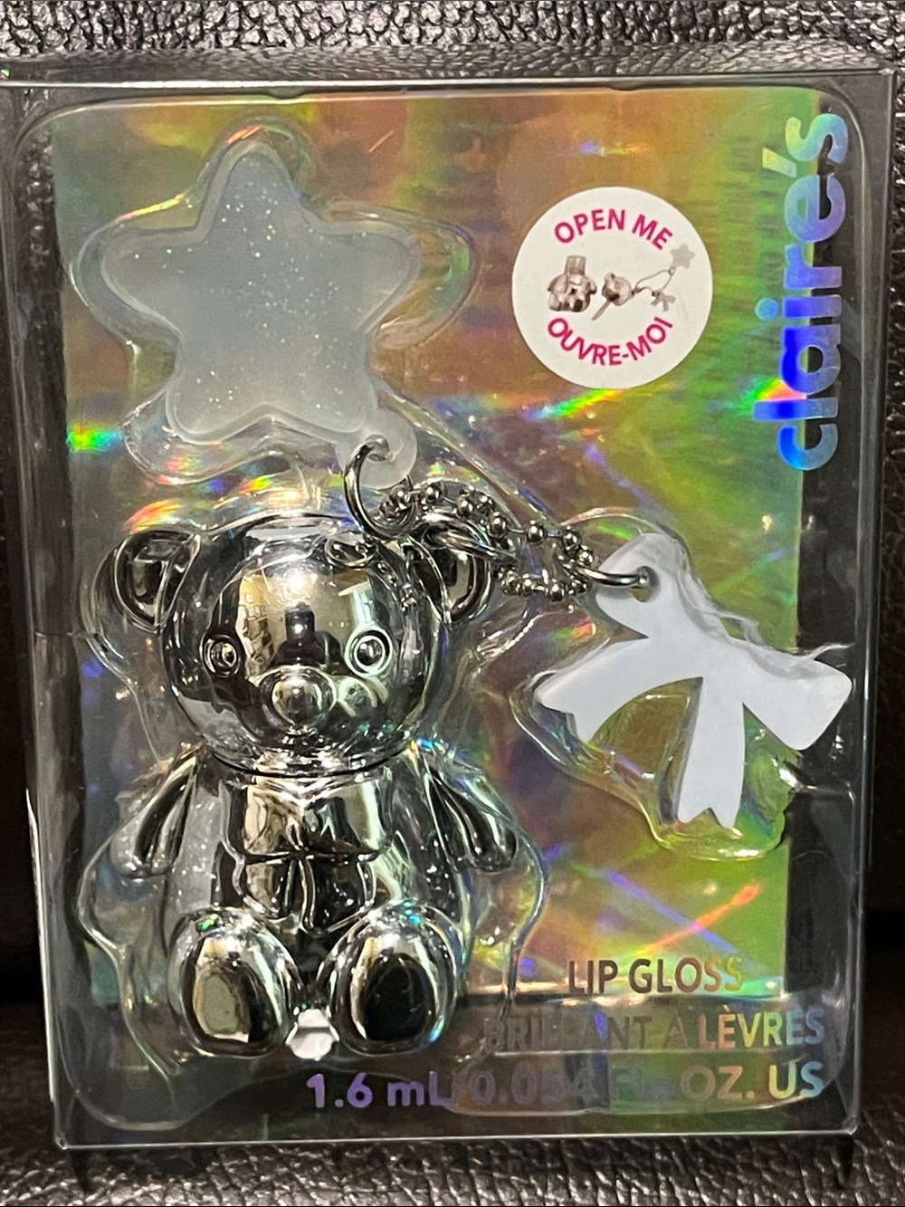 Claire's 🧸 Silver Chrome Teddy Bear Lip Gloss Keychain with White Bow Charm